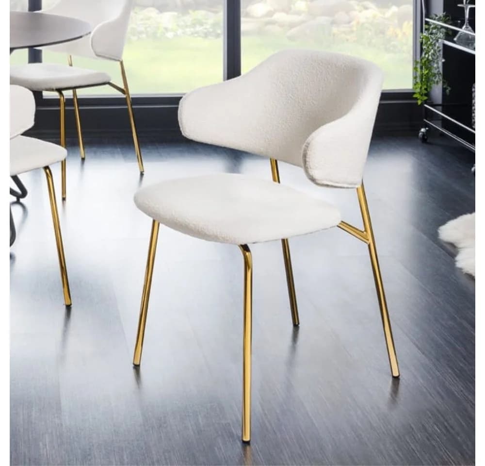 LebensWohnArt Stuhl MODA Weiss Bouclé Goldene Metallbeine Modern - Bild 2