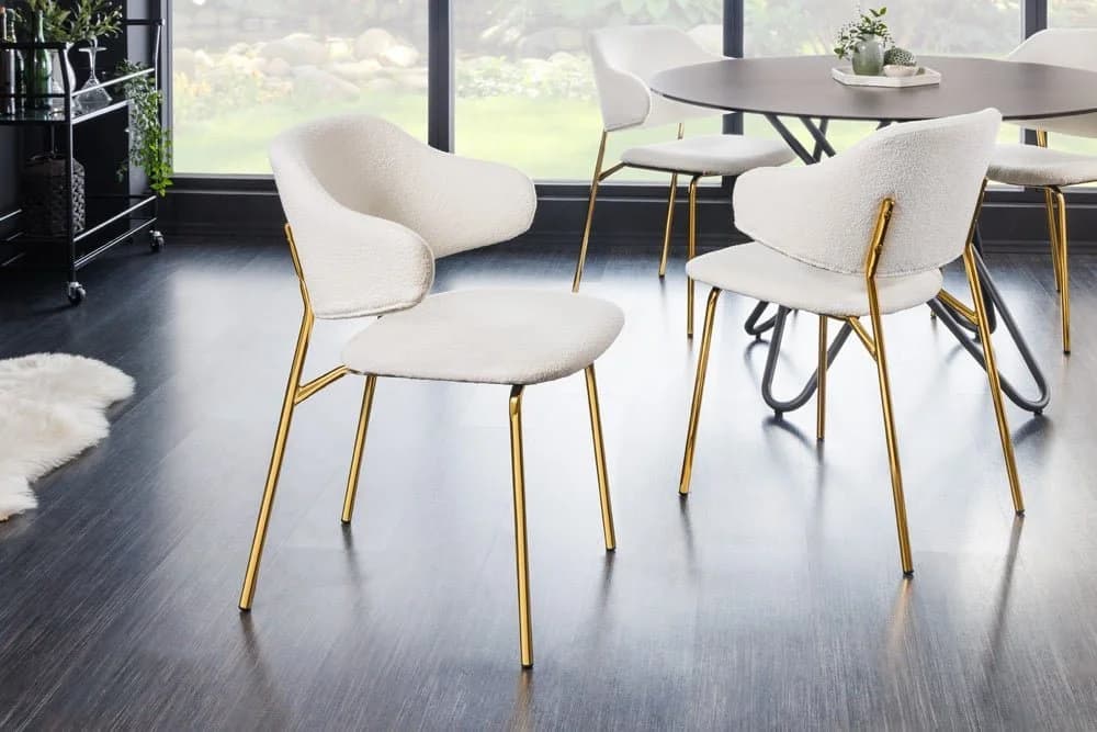 LebensWohnArt Stuhl MODA Weiss Bouclé Goldene Metallbeine Modern - Bild 3