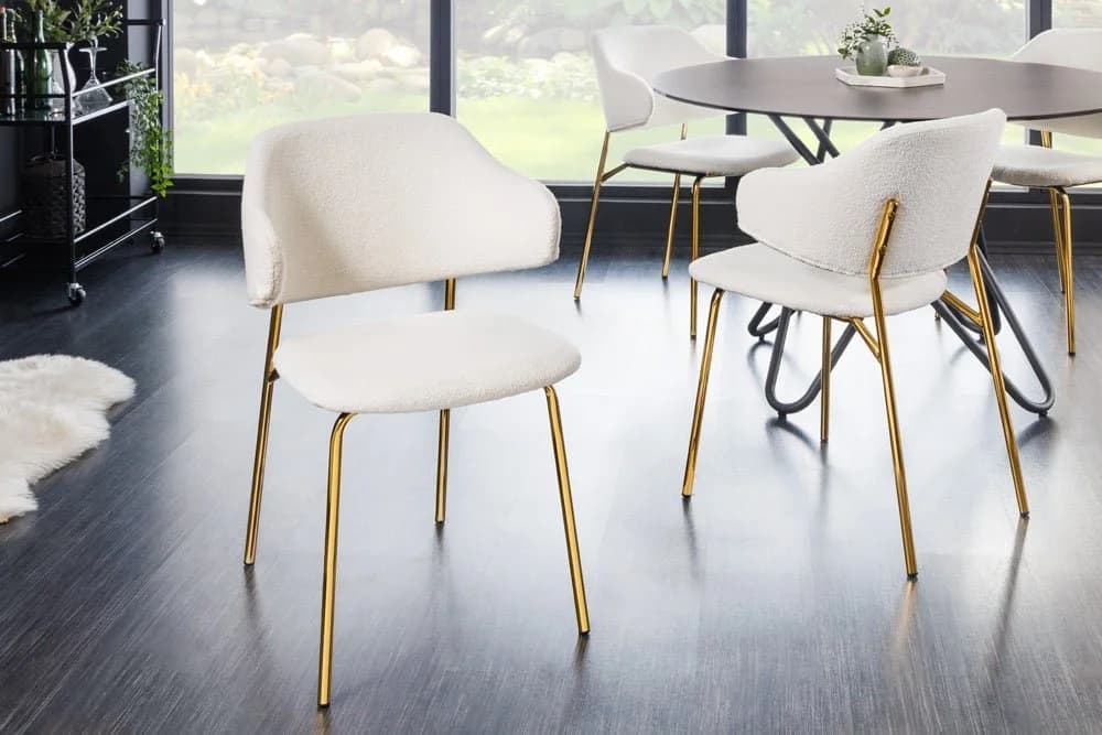 LebensWohnArt Stuhl MODA Weiss Bouclé Goldene Metallbeine Modern - Bild 4