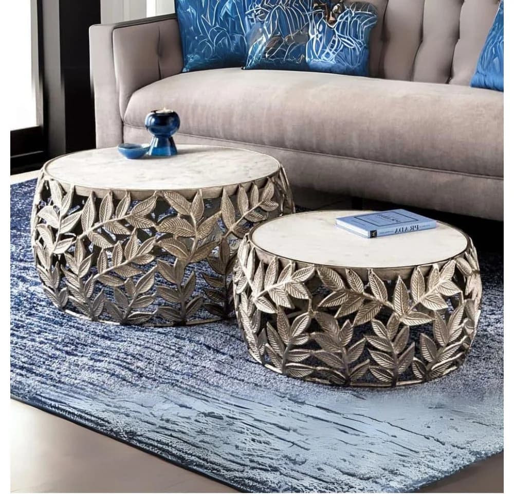 LebensWohnArt RIXOS-Leaf Couchtisch-Set 2-tlg. Marmor Silber