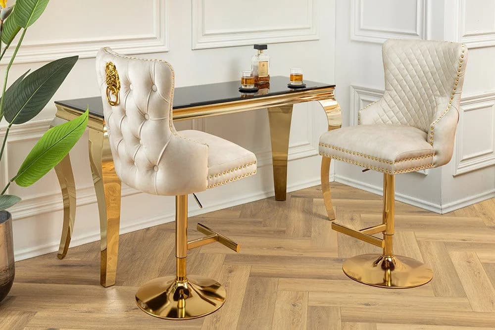 LEON Barstuhl - Samt & Edelstahl - Beige/Gold - Höhenverstellbar - Bild 4