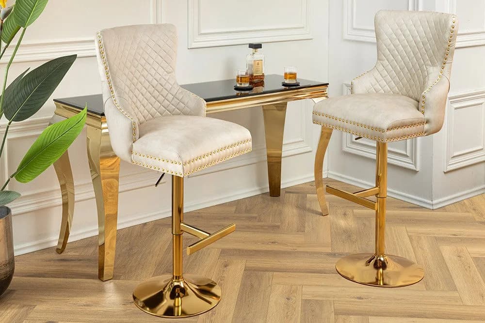 LEON Barstuhl - Samt & Edelstahl - Beige/Gold - Höhenverstellbar - Bild 5