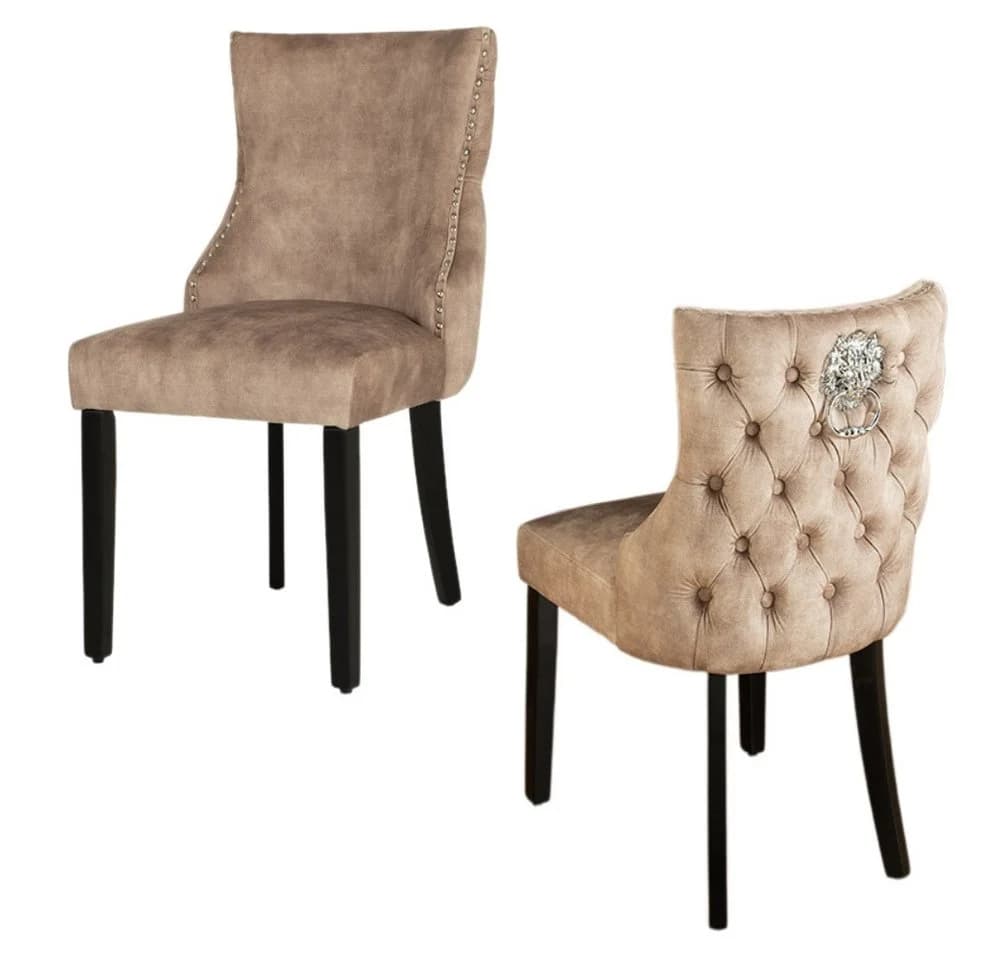 LebensWohnArt Stuhl LEON Samt beige Chesterfield mit Löwenkopf - Bild 2