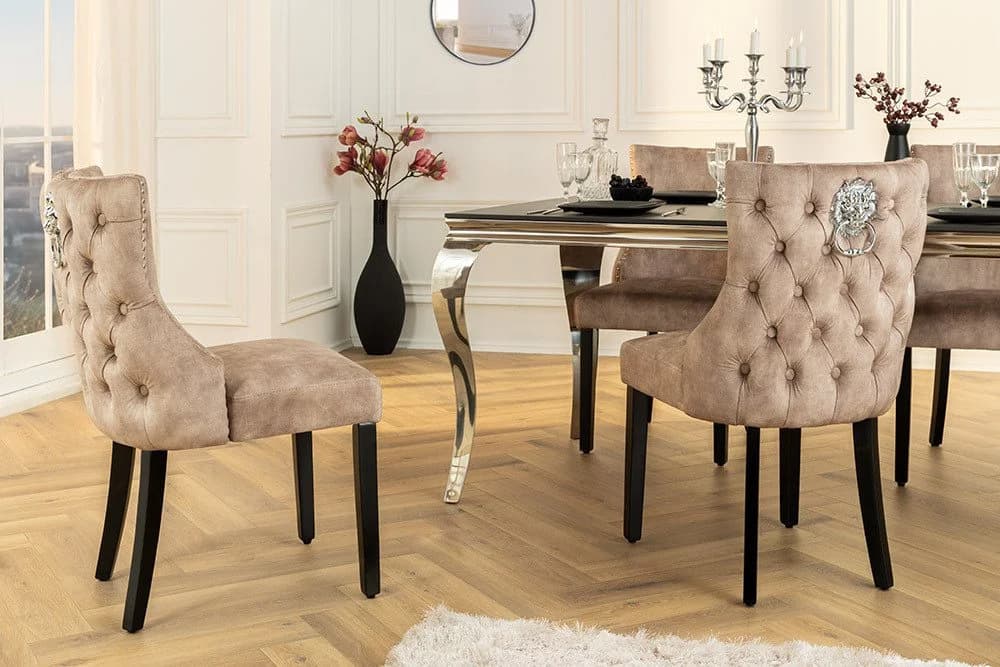 LebensWohnArt Stuhl LEON Samt beige Chesterfield mit Löwenkopf - Bild 4