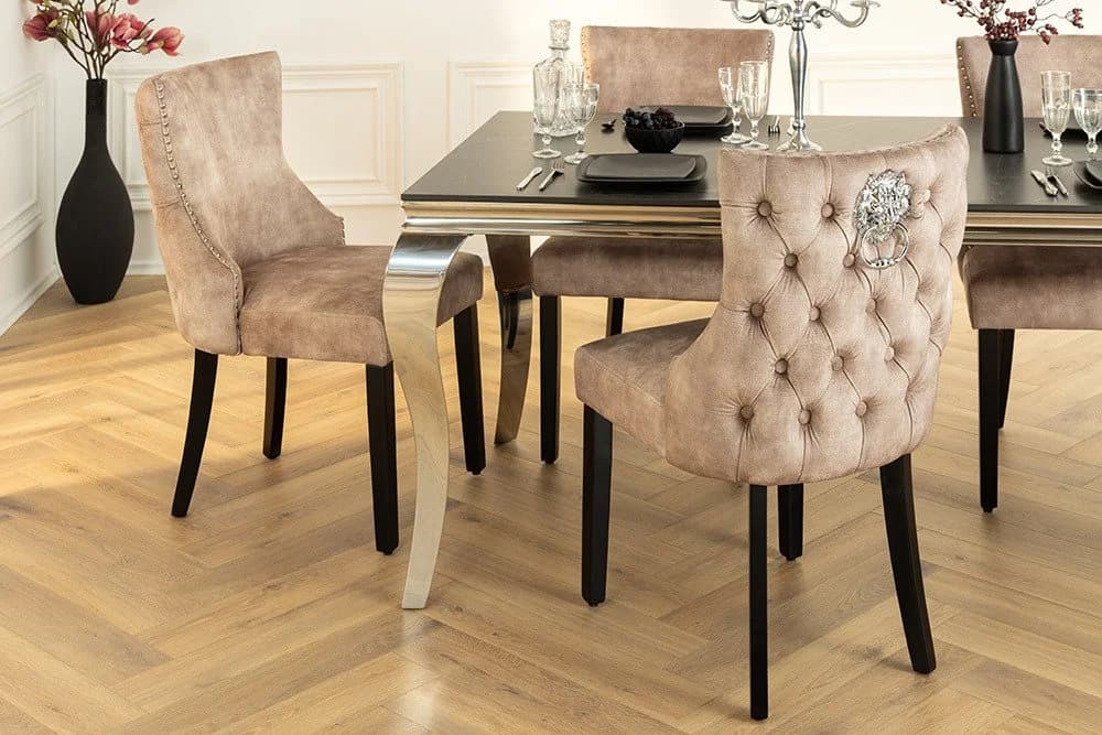 LebensWohnArt Stuhl LEON Samt beige Chesterfield mit Löwenkopf - Bild 5