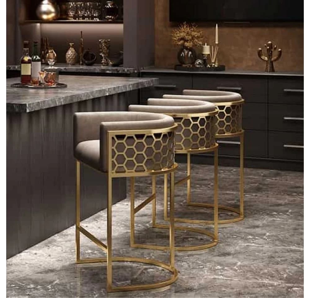 LebensWohnArt Barhocker LEGANZA Beige Samt Gold Edelstahl