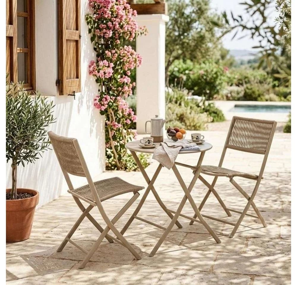 LebensWohnArt Bistro-Set 3-tlg. Taupe mit Klappstühlen und Rundem Tisch