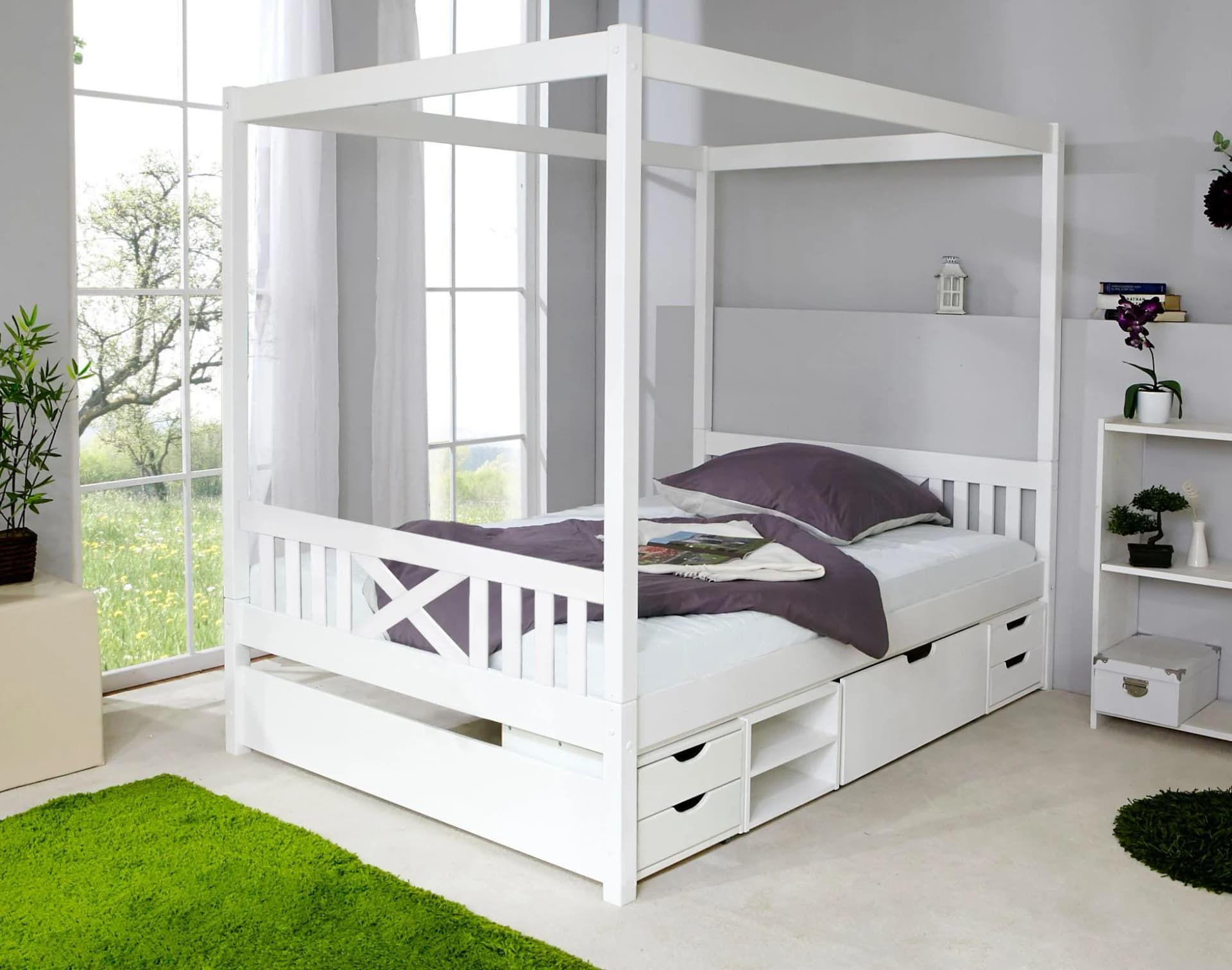 TICAA Himmelbett Lino Weiß Kiefer massiv mit Schubkästen