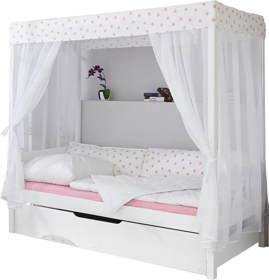 TICAA Himmelbett Lino Weiß Massivholz mit Schubkasten