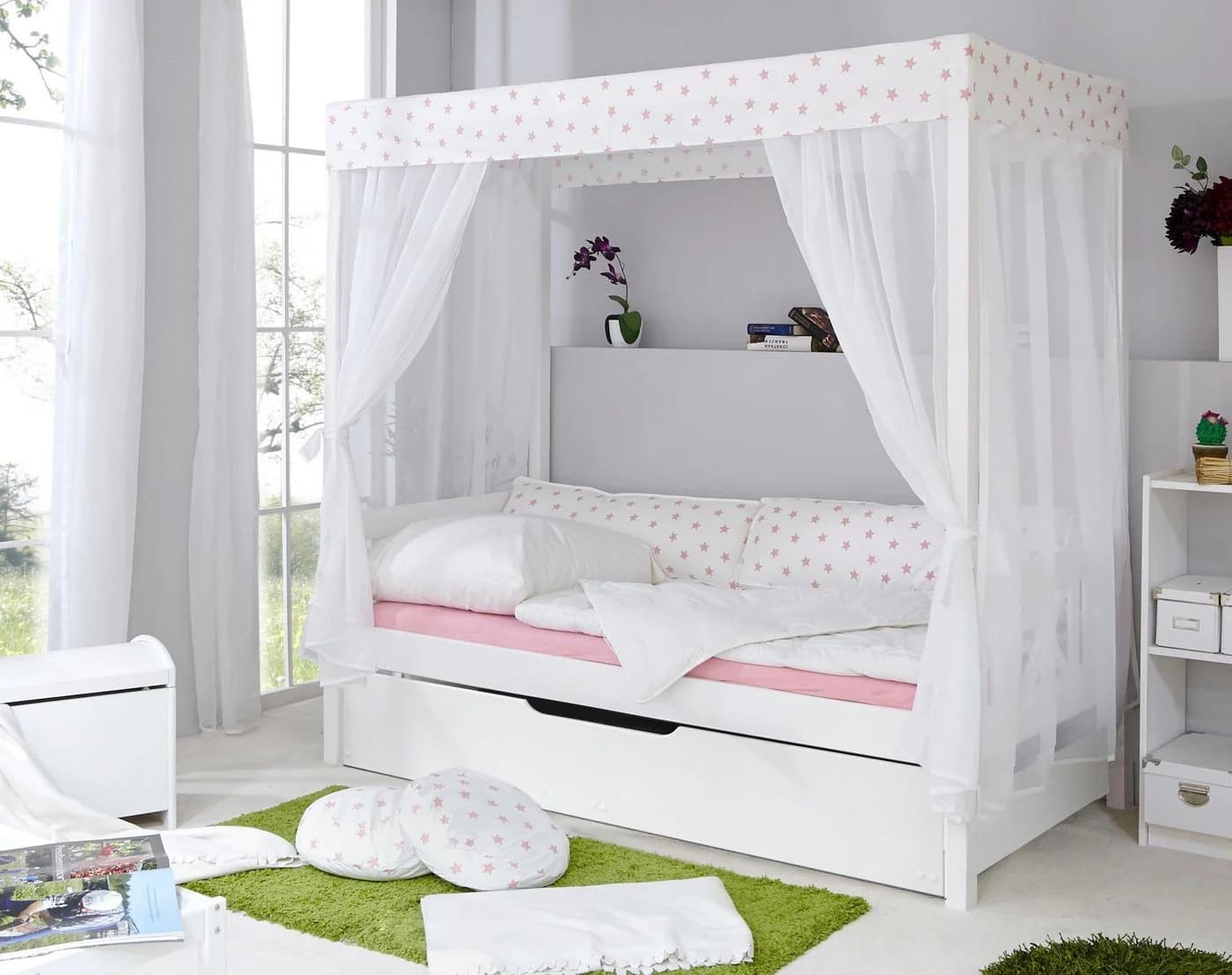 TICAA Himmelbett Lino Weiß Massivholz mit Schubkasten - Bild 4
