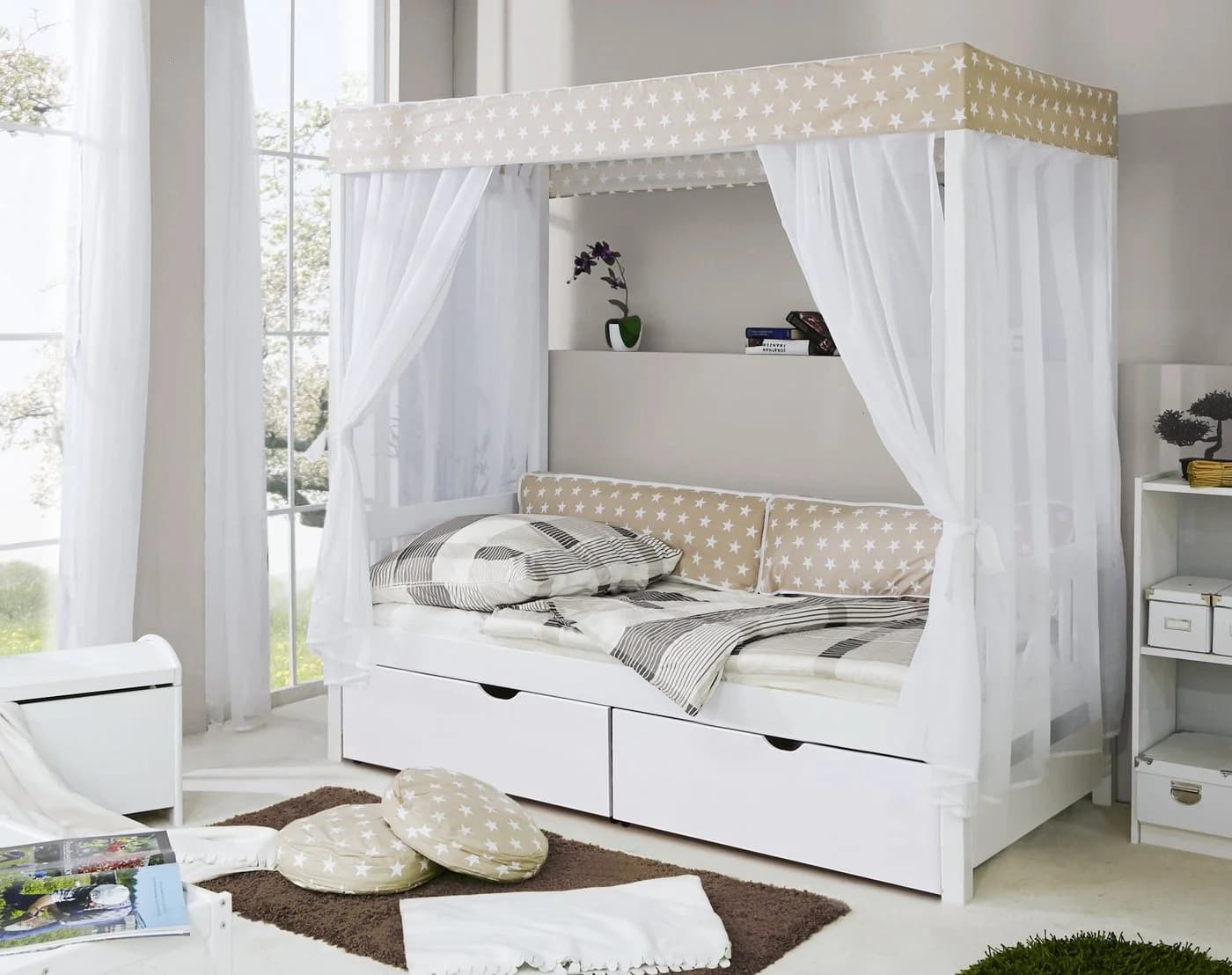 TiCAA Himmelbett Beige Weiß Kiefer massiv