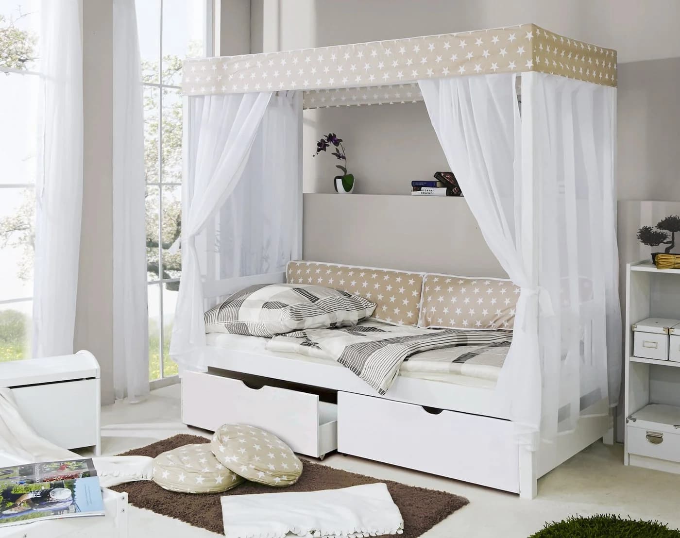 TiCAA Himmelbett Beige Weiß Kiefer massiv - Bild 3