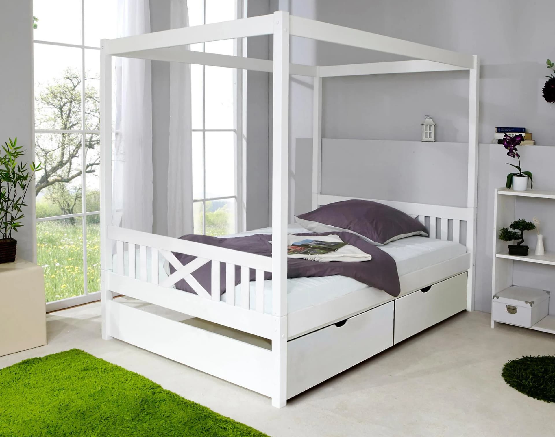 TICAA Himmelbett Lino Weiß Kiefer Massiv Mit Schubkästen