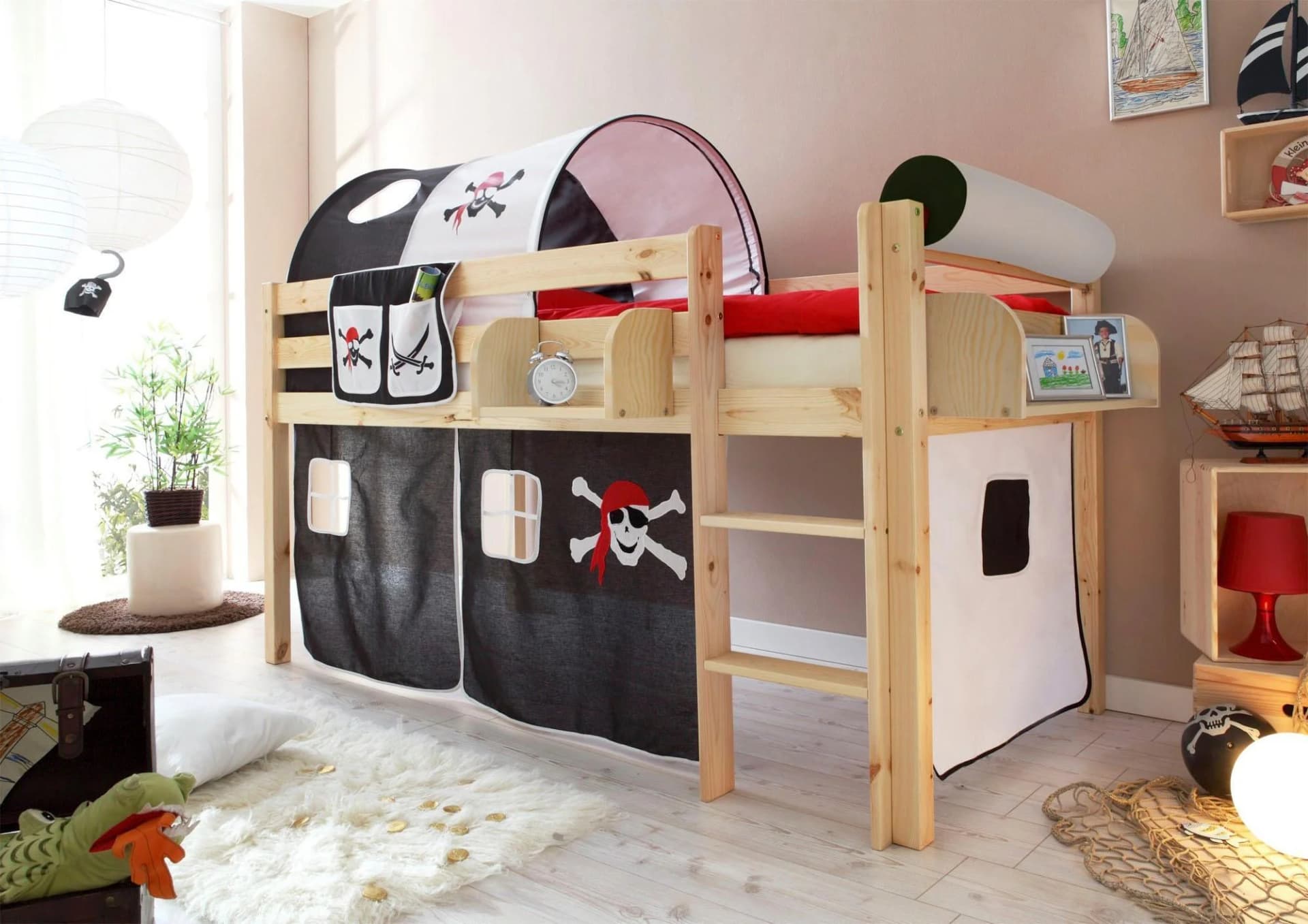 TICAA Hochbett Malte Kiefer massiv mit Vorhang und Rollrost