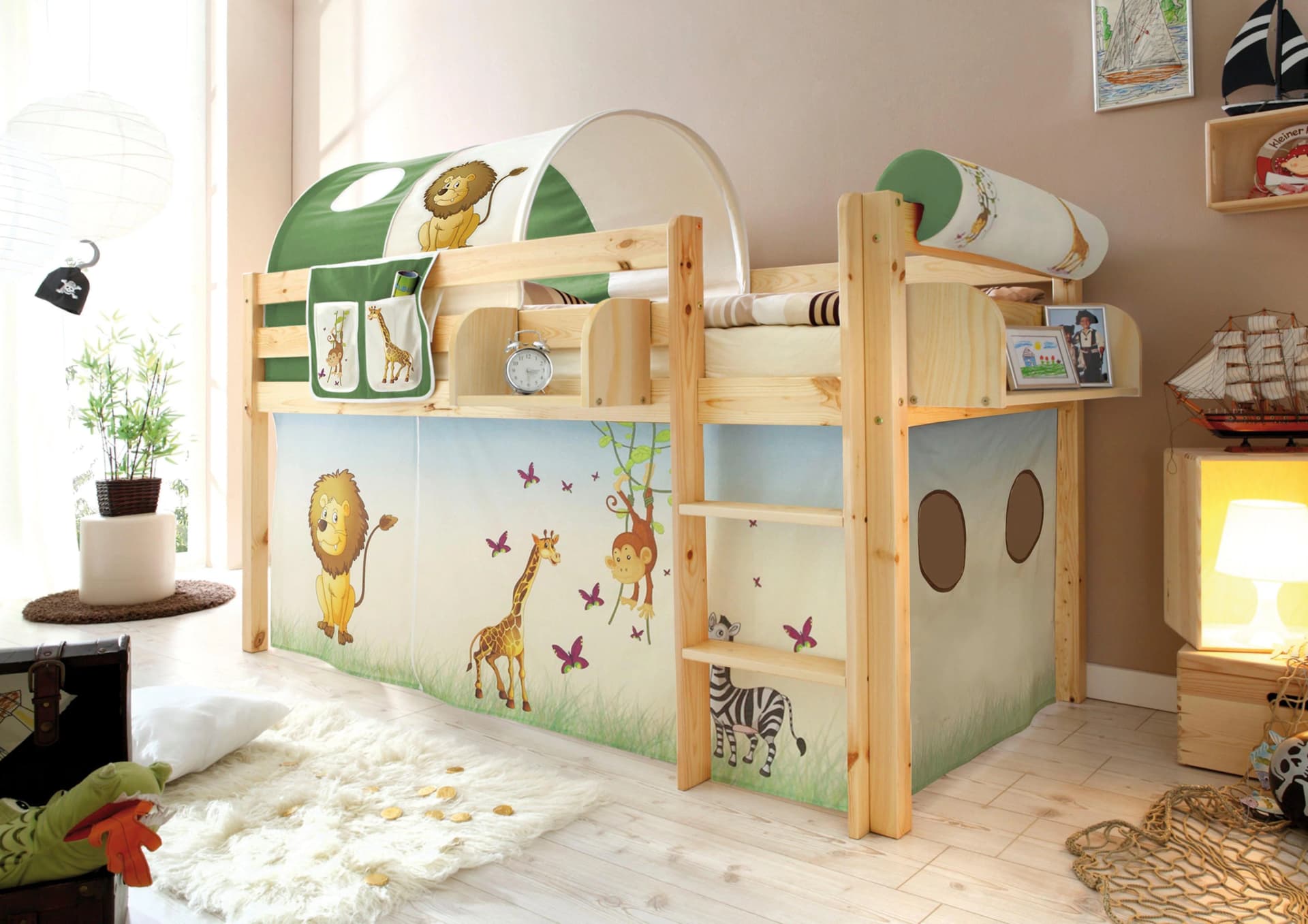 TICAA Hochbett Malte Kiefer Natur Safari mit Matratze