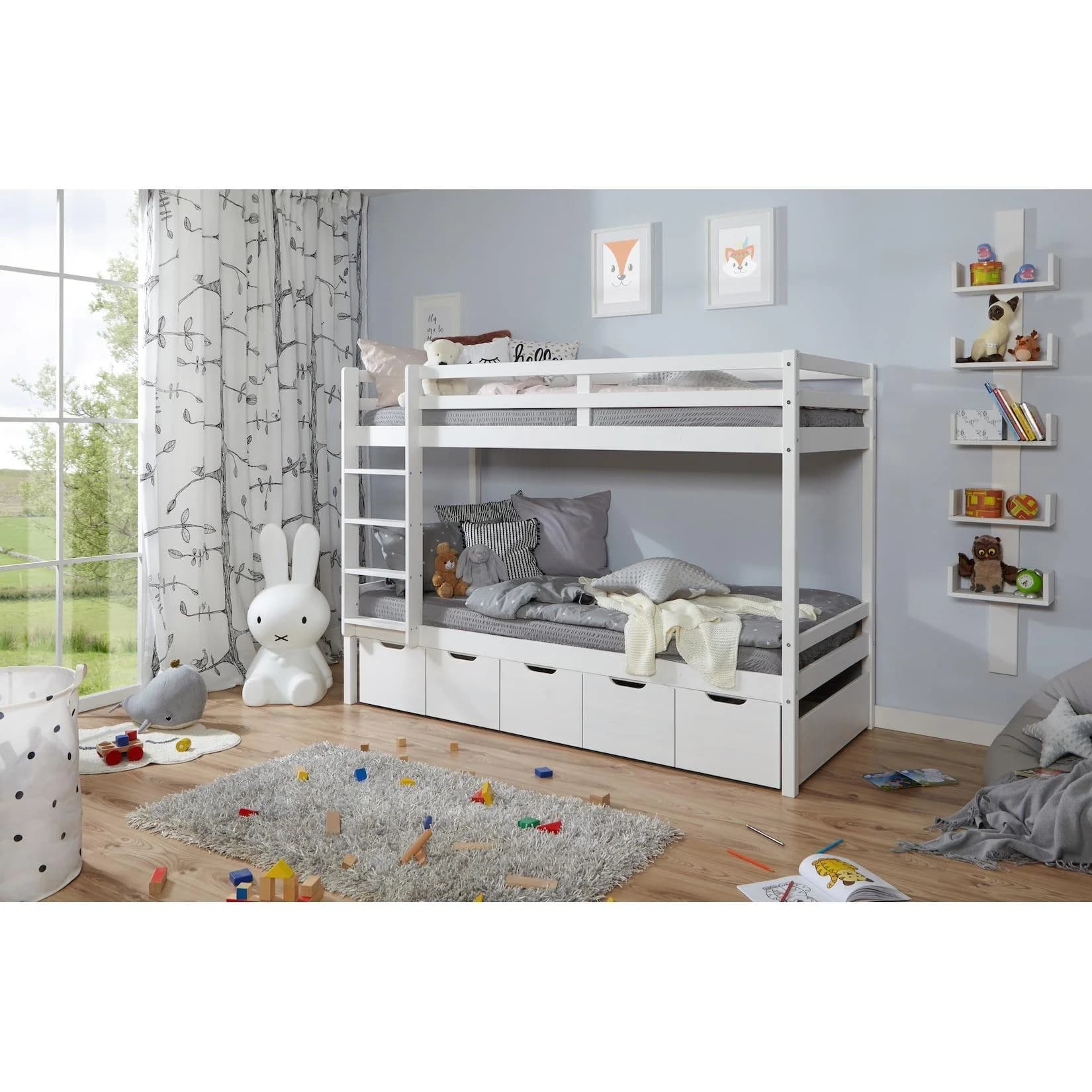 TiCAA Etagenbett Finn Weiß mit 5 Schubkästen