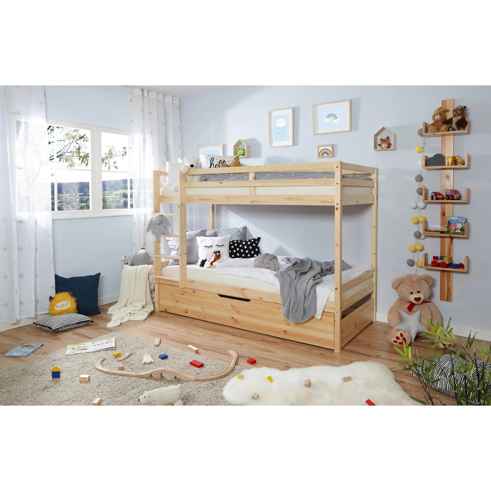 TiCAA Etagenbett Finn Natur Kiefer mit Zusatzbett