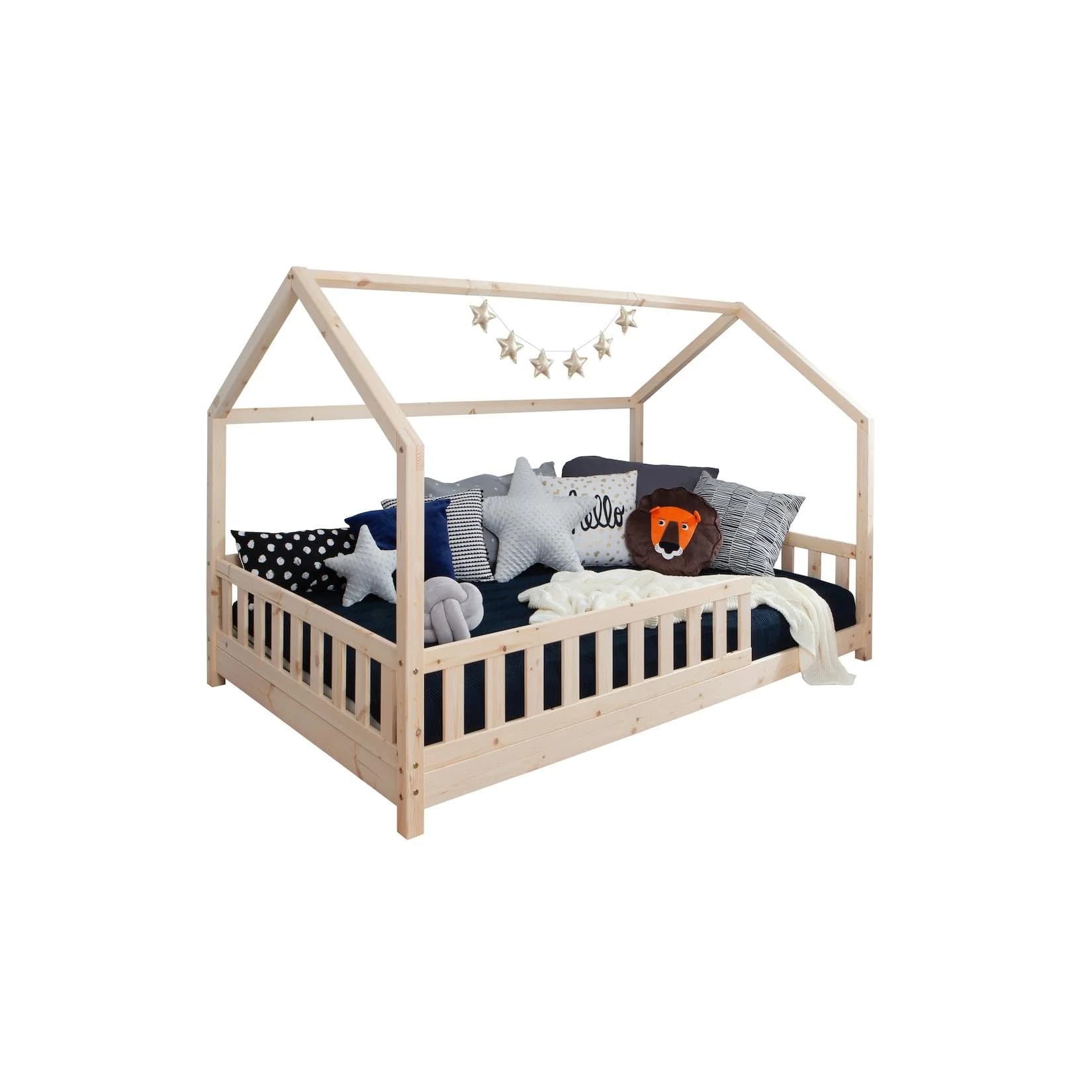 Ticaa Hausbett Kay mit Rausfallschutz und Dach aus Kiefer