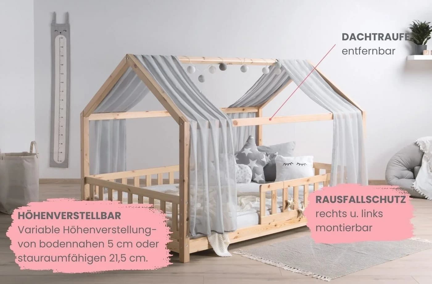 TiCAA Kinderbett Hausbett Kim Skandinavisch Natur Kiefer - Bild 4