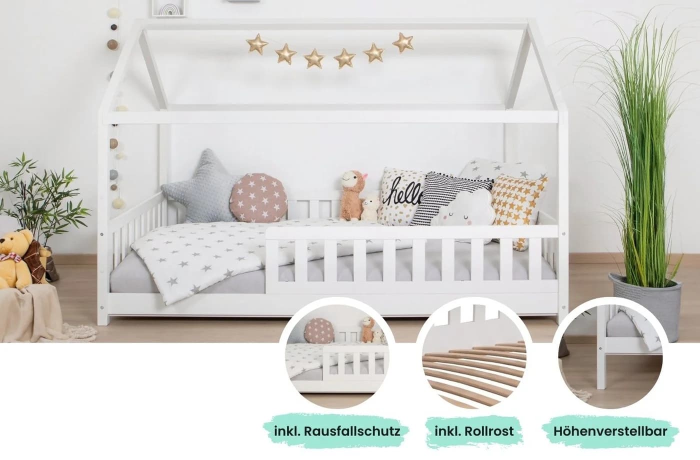 TiCAA Hausbett Kay Montessori Kinderbett Weiß Kiefer Massivholz - Bild 3