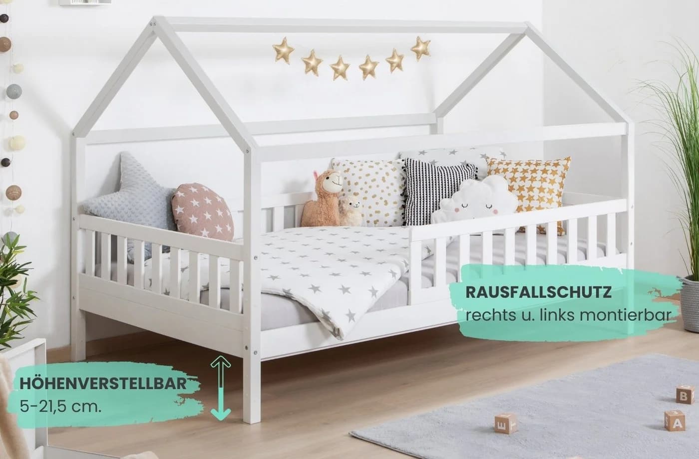 TiCAA Hausbett Kay Montessori Kinderbett Weiß Kiefer Massivholz - Bild 4
