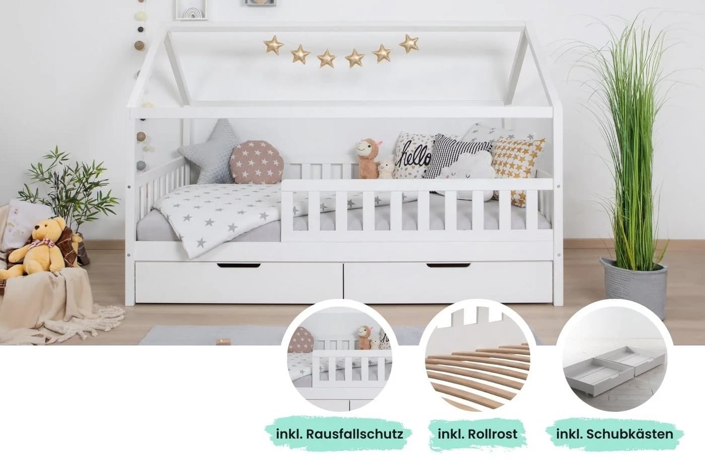 TiCAA Kinderbett Hausbett Montessori Kay mit Schubladen und Rausfallschutz - Bild 3