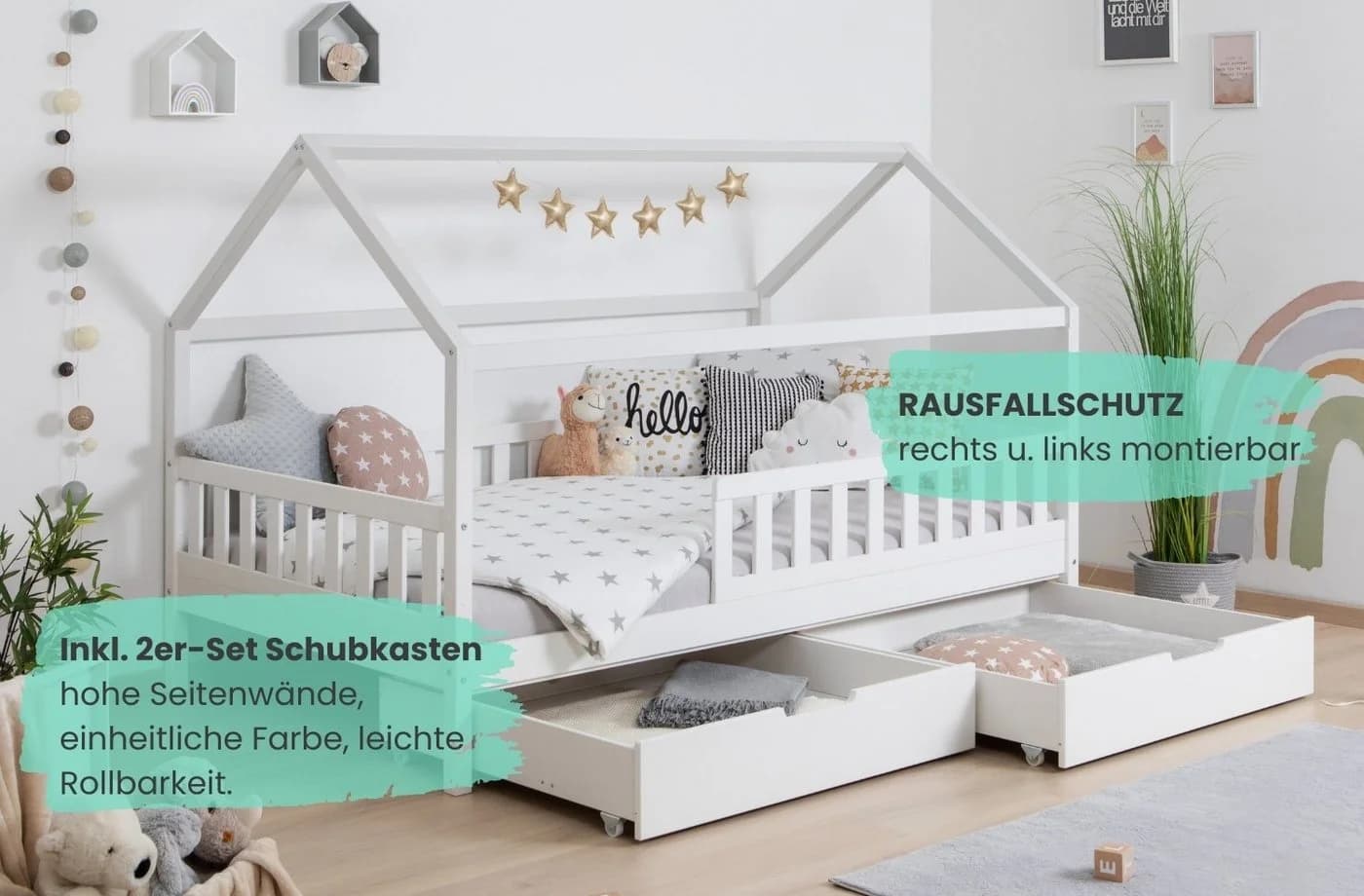 TiCAA Kinderbett Hausbett Montessori Kay mit Schubladen und Rausfallschutz - Bild 4