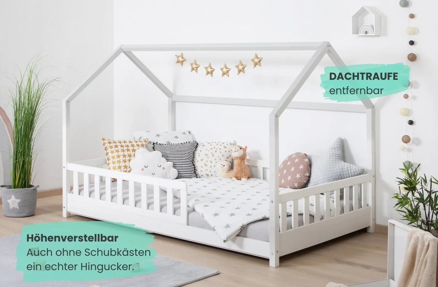 TiCAA Kinderbett Hausbett Montessori Kay mit Schubladen und Rausfallschutz - Bild 5