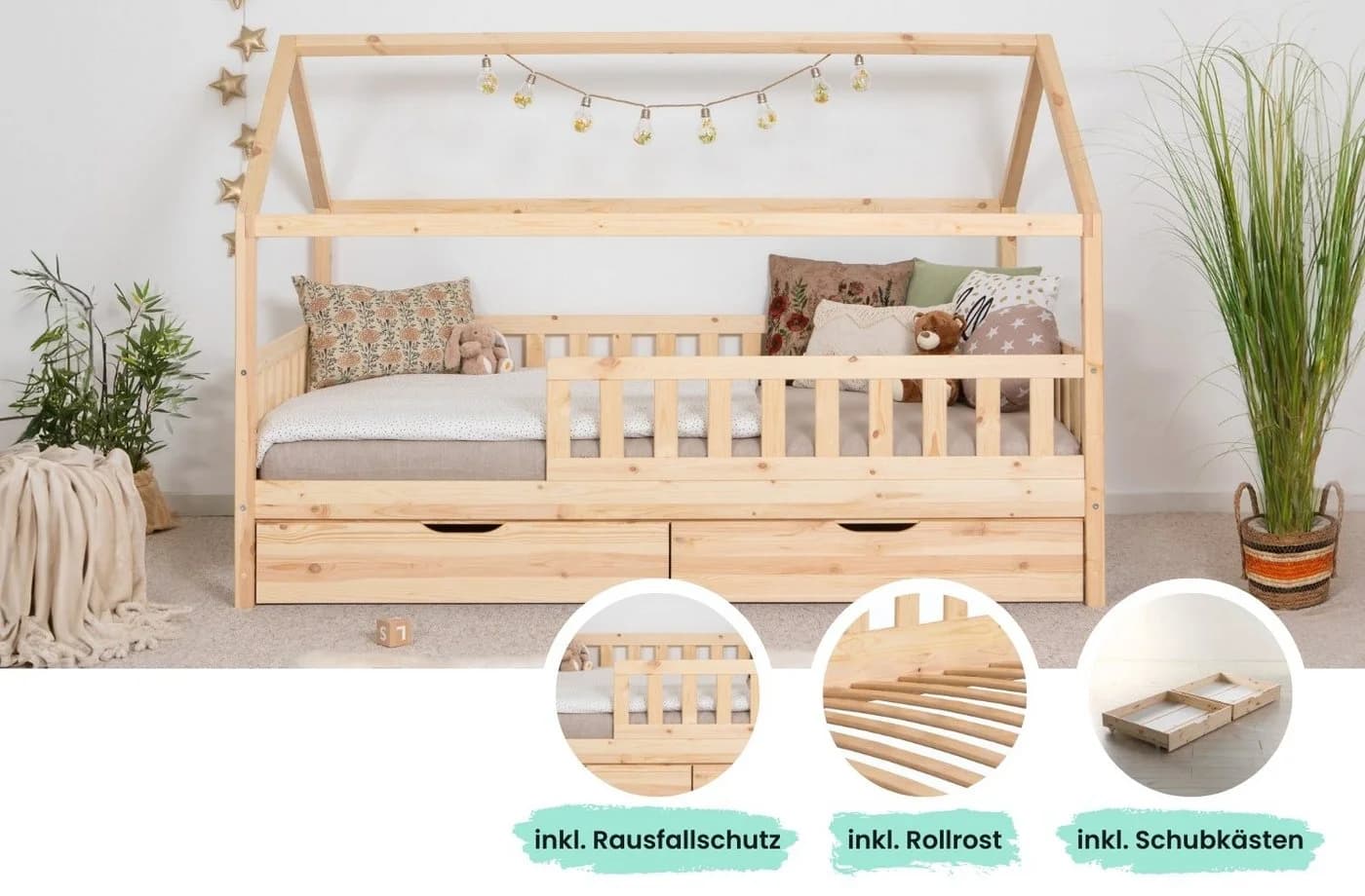 TiCAA Kinderbett Hausbett Montessori Kay Kiefer Massivholz - Bild 3