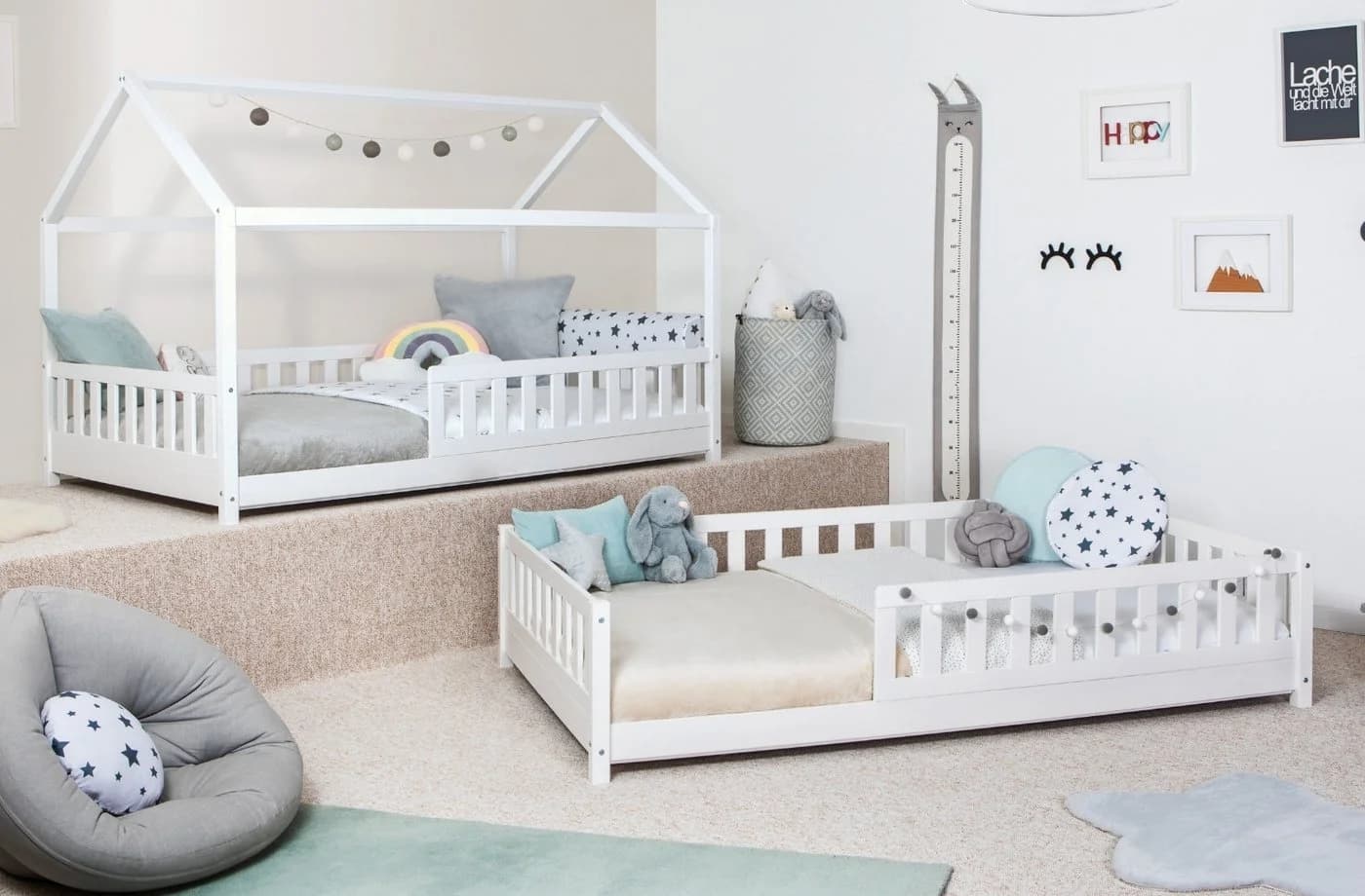 TiCAA 2-in-1 Hausbett Bodenbett weiß Kiefer Massivholz