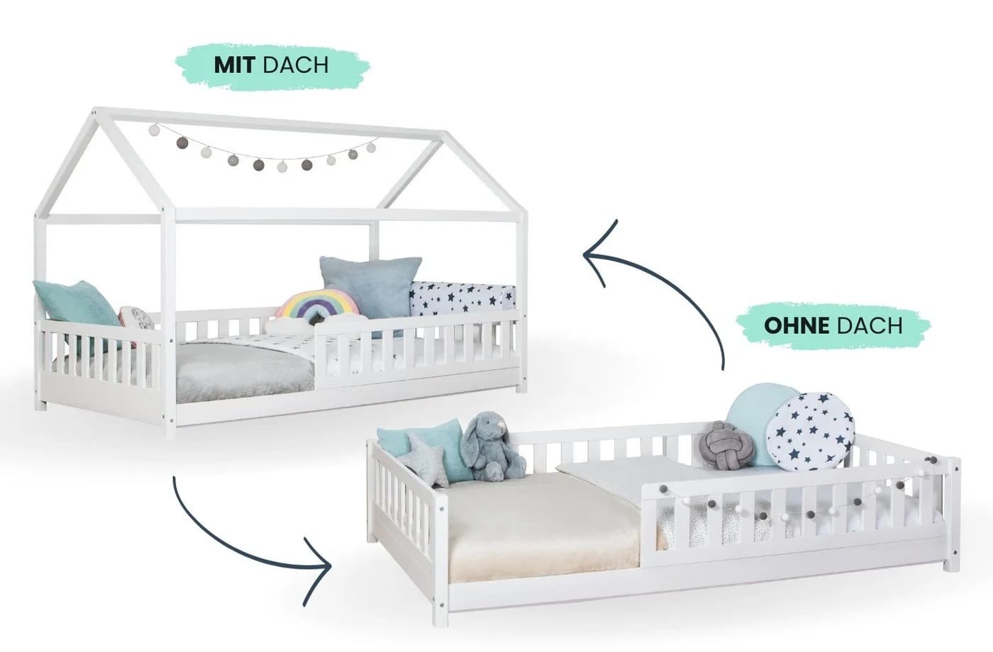 TiCAA 2-in-1 Hausbett Bodenbett weiß Kiefer Massivholz - Bild 3