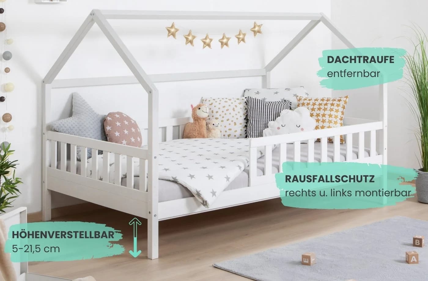 TiCAA 2-in-1 Hausbett Bodenbett weiß Kiefer Massivholz - Bild 4