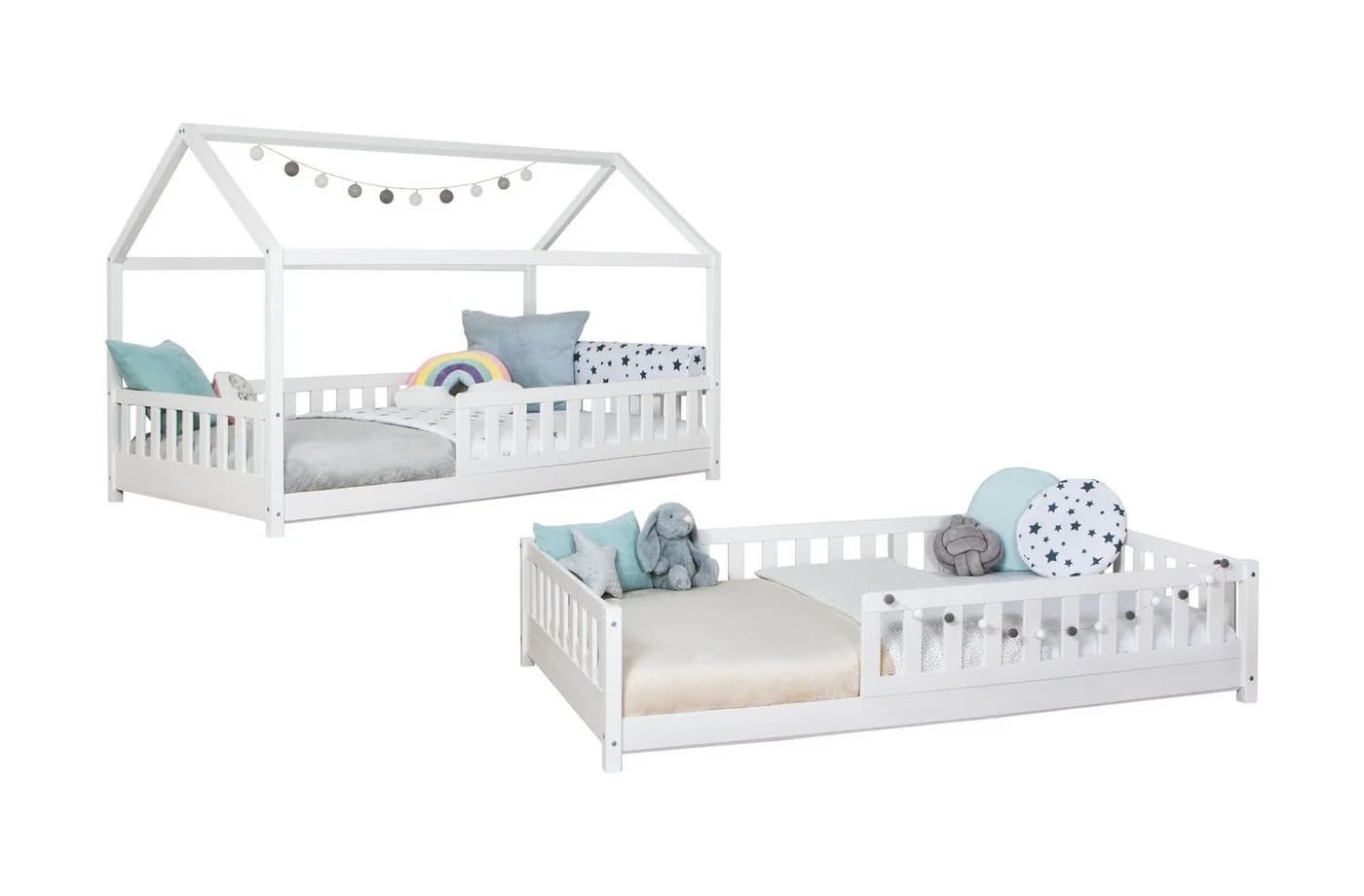TiCAA 2-in-1 Hausbett Bodenbett weiß Kiefer Massivholz - Bild 2
