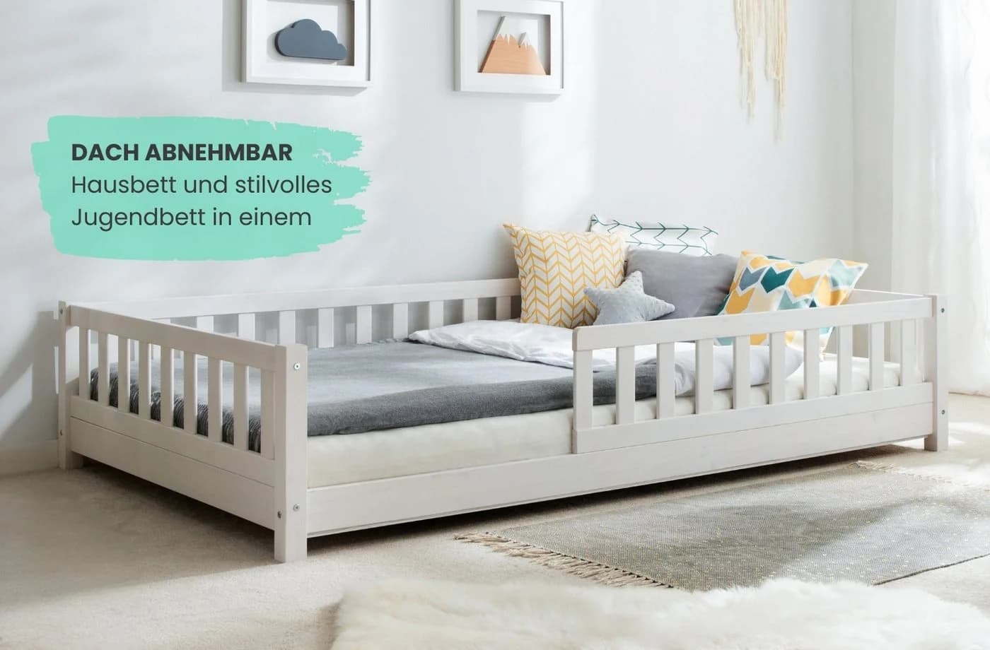 TiCAA 2-in-1 Hausbett Bodenbett weiß Kiefer Massivholz - Bild 5