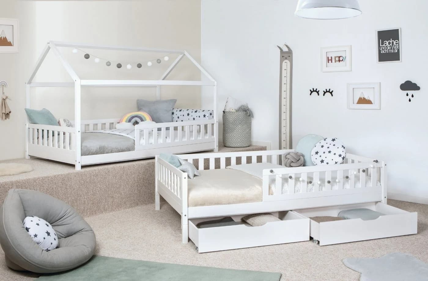 TiCAA 2-in-1 Hausbett Duo Weiß Kiefer Massivholz mit Schubkasten