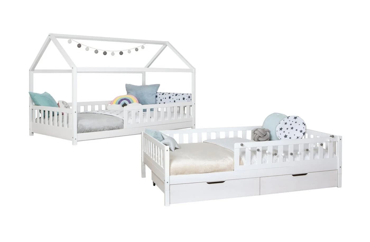 TiCAA 2-in-1 Hausbett Duo Weiß Kiefer Massivholz mit Schubkasten - Bild 2