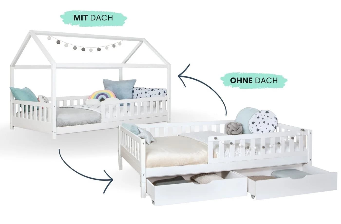TiCAA 2-in-1 Hausbett Duo Weiß Kiefer Massivholz mit Schubkasten - Bild 3