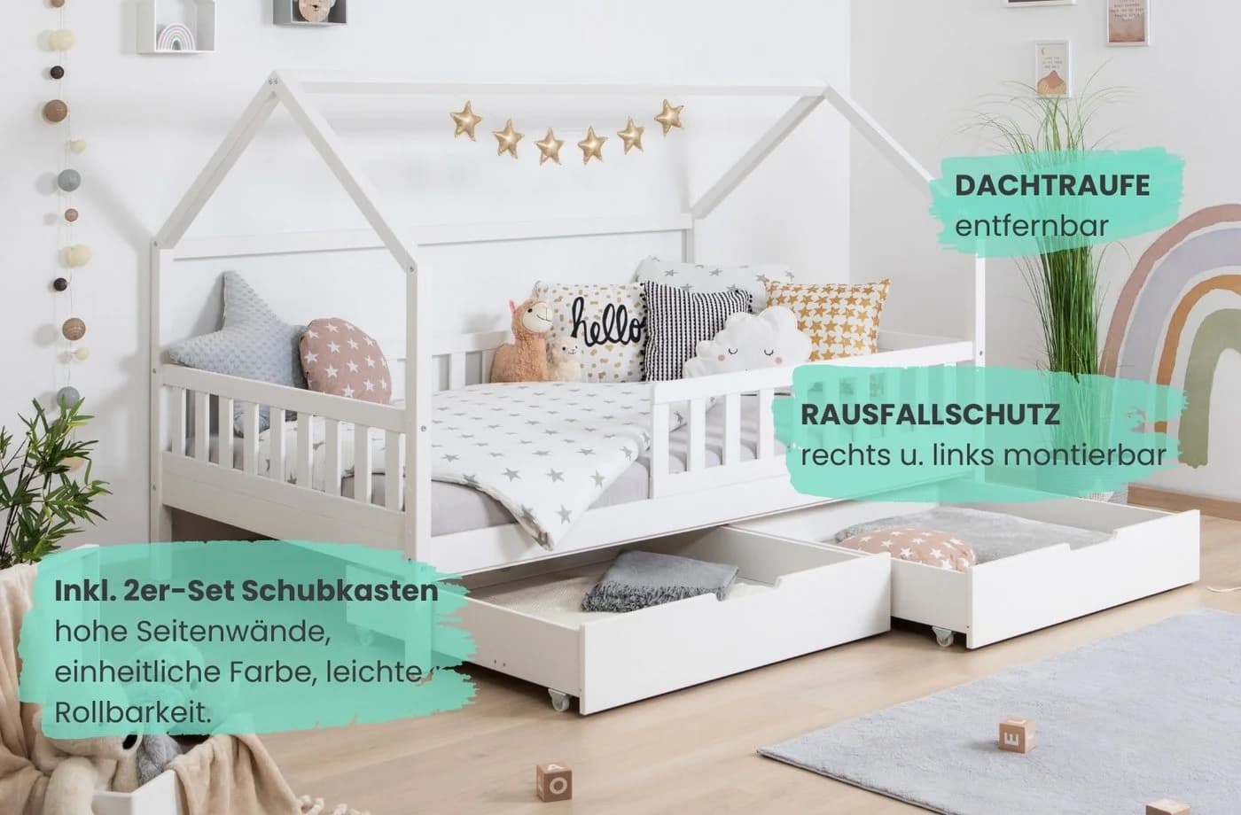 TiCAA 2-in-1 Hausbett Duo Weiß Kiefer Massivholz mit Schubkasten - Bild 4