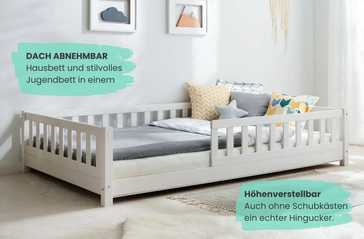 TiCAA 2-in-1 Hausbett Duo Weiß Kiefer Massivholz mit Schubkasten - Bild 5