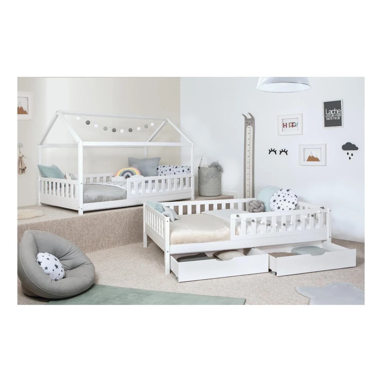 TiCAA 2-in-1 Hausbett Bodenbett Weiß Kiefer Massivholz
