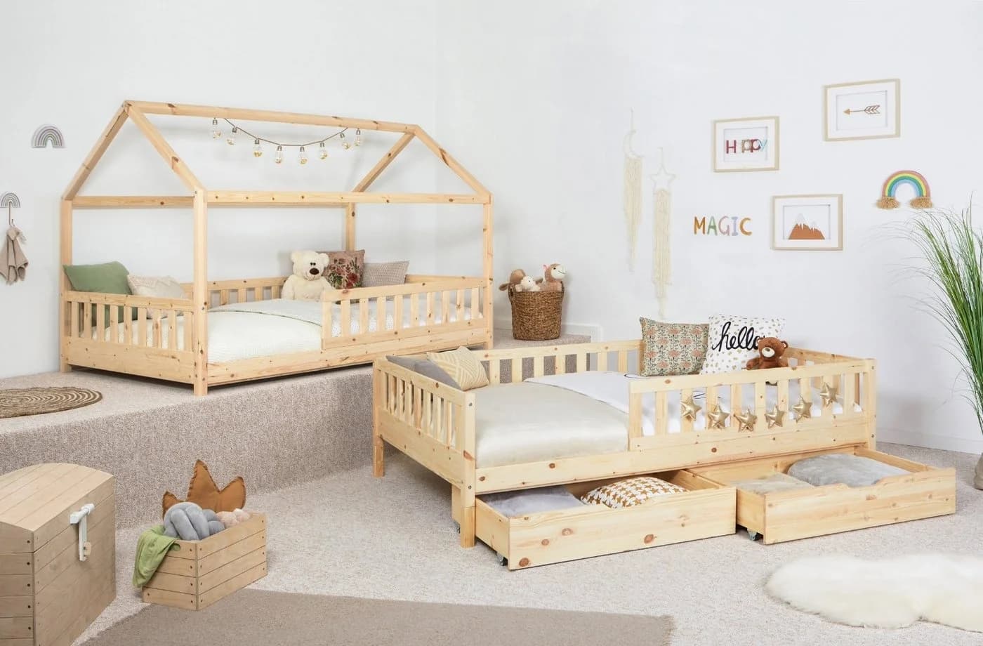 TiCAA 2-in-1 Hausbett Bodenbett Weiß Kiefer Massivholz