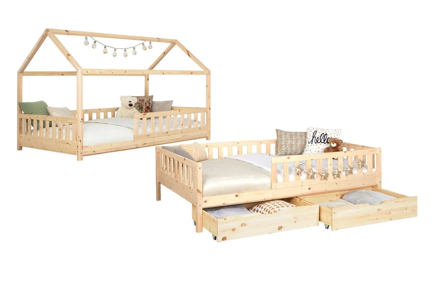 TiCAA 2-in-1 Hausbett Bodenbett Weiß Kiefer Massivholz - Bild 2