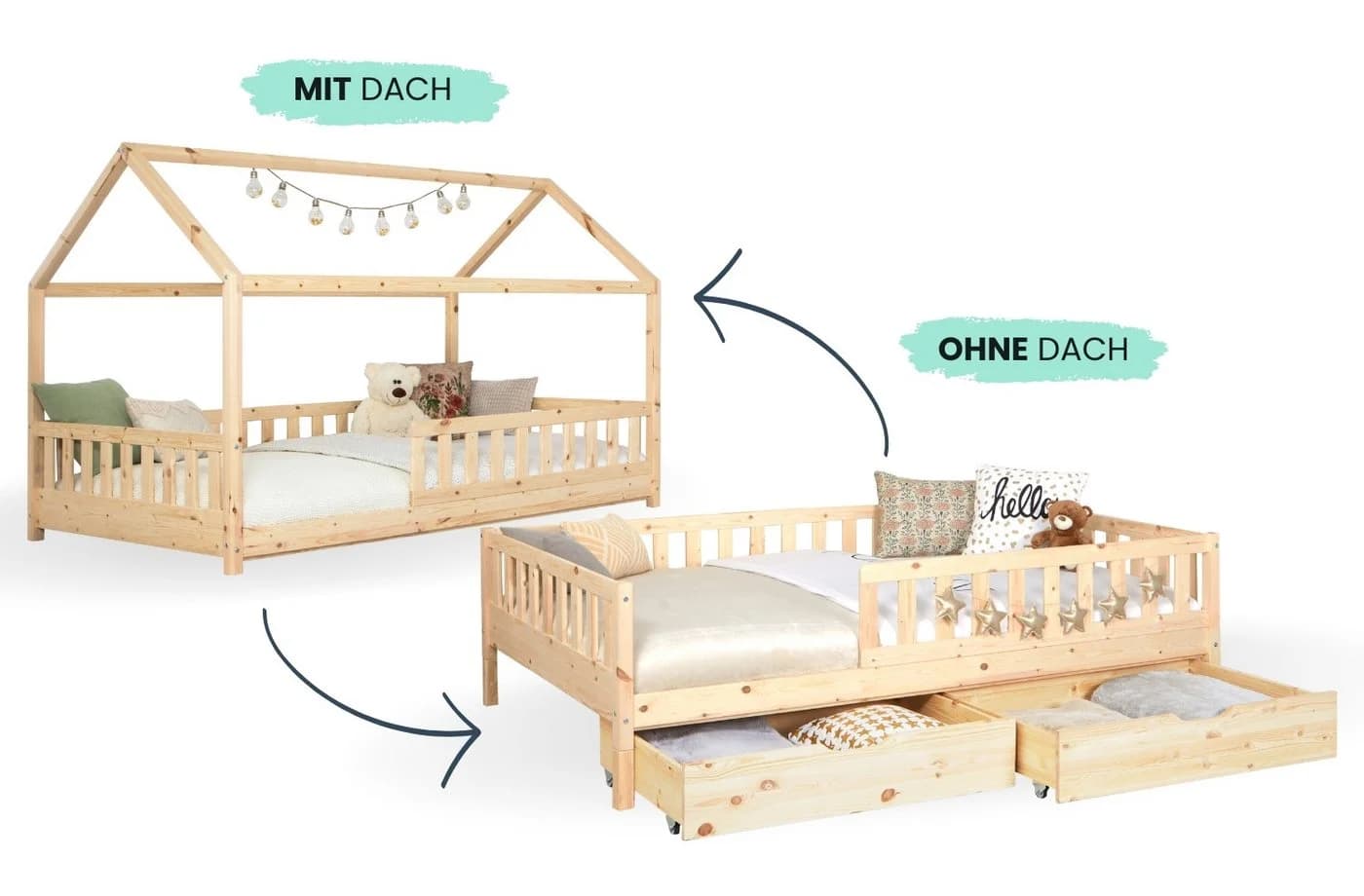 TiCAA 2-in-1 Hausbett Bodenbett Weiß Kiefer Massivholz - Bild 3