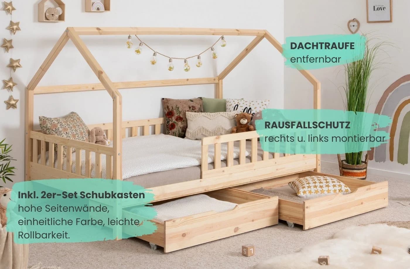 TiCAA 2-in-1 Hausbett Bodenbett Weiß Kiefer Massivholz - Bild 4