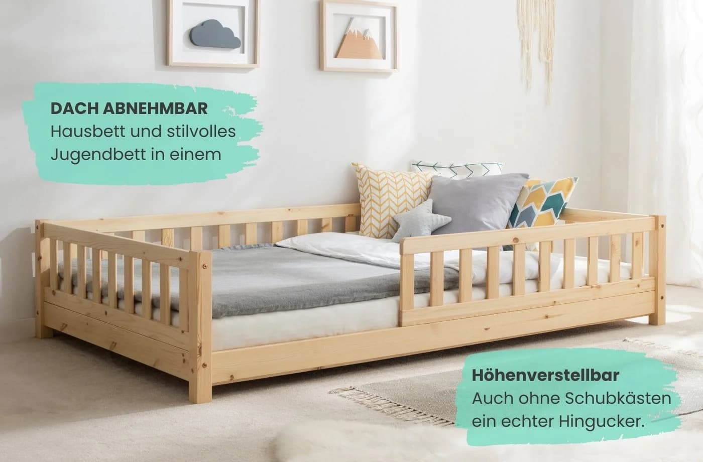 TiCAA 2-in-1 Hausbett Bodenbett Weiß Kiefer Massivholz - Bild 5
