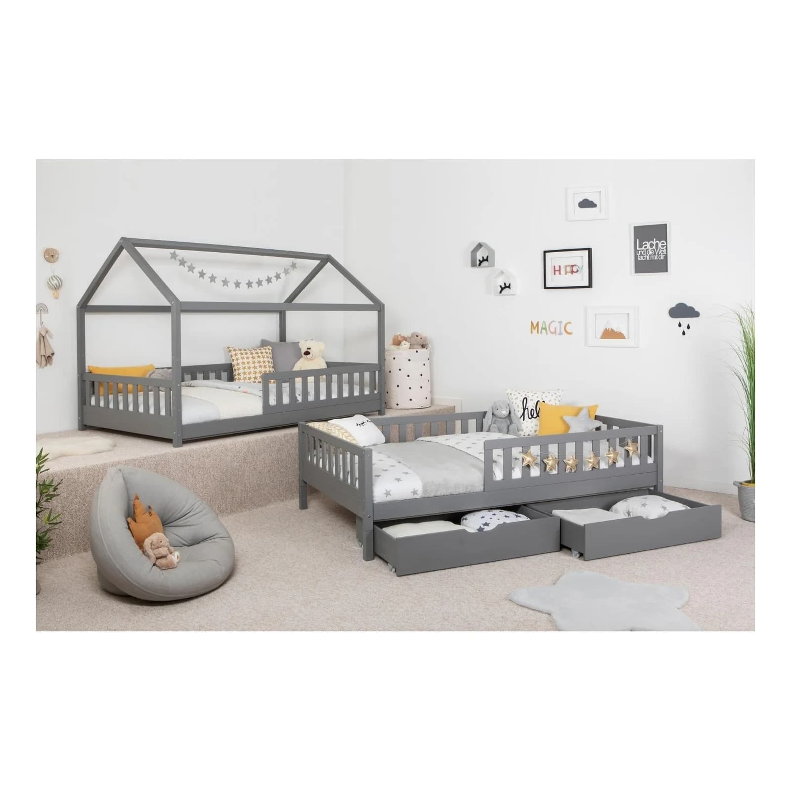 TiCAA 2-in-1 Hausbett Bodenbett Weiß mit Schubladen & Rausfallschutz