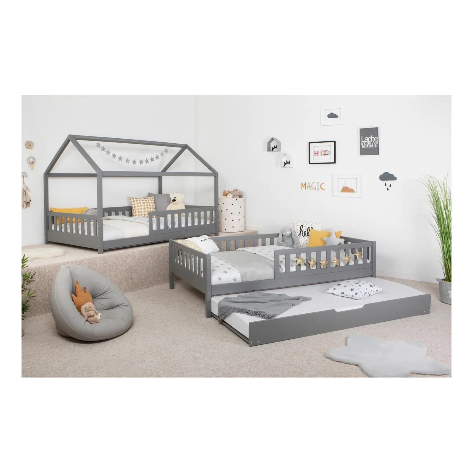 TiCAA 2-in-1 Hausbett Bodenbett Weiß Kiefer Massivholz mit Zusatzbett