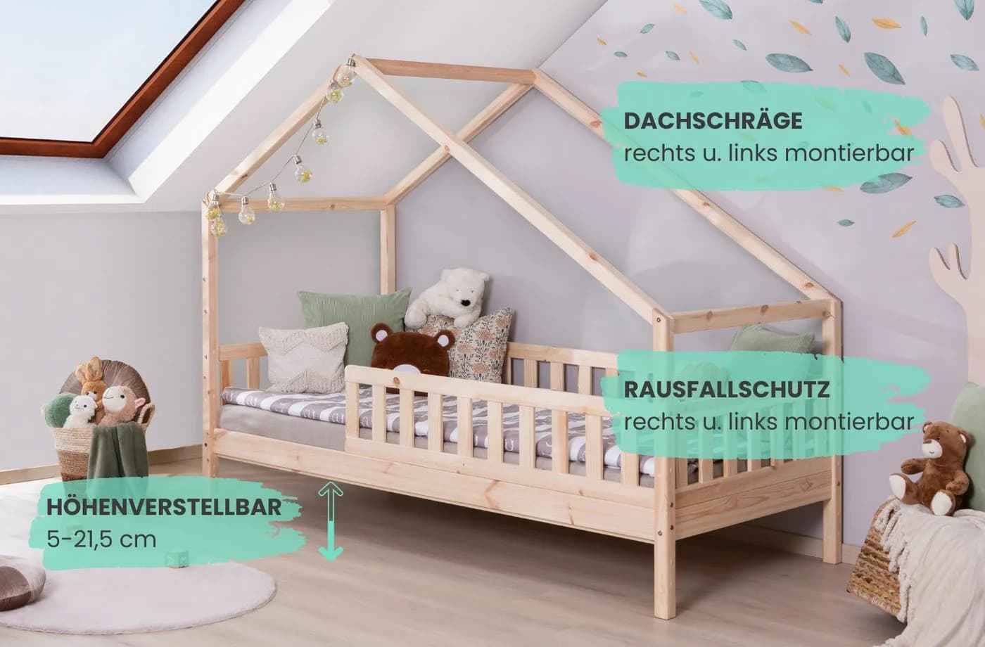 TiCAA Hausbett Lou wandelbar asymmetrisches Dach Kiefer Massivholz - Bild 4