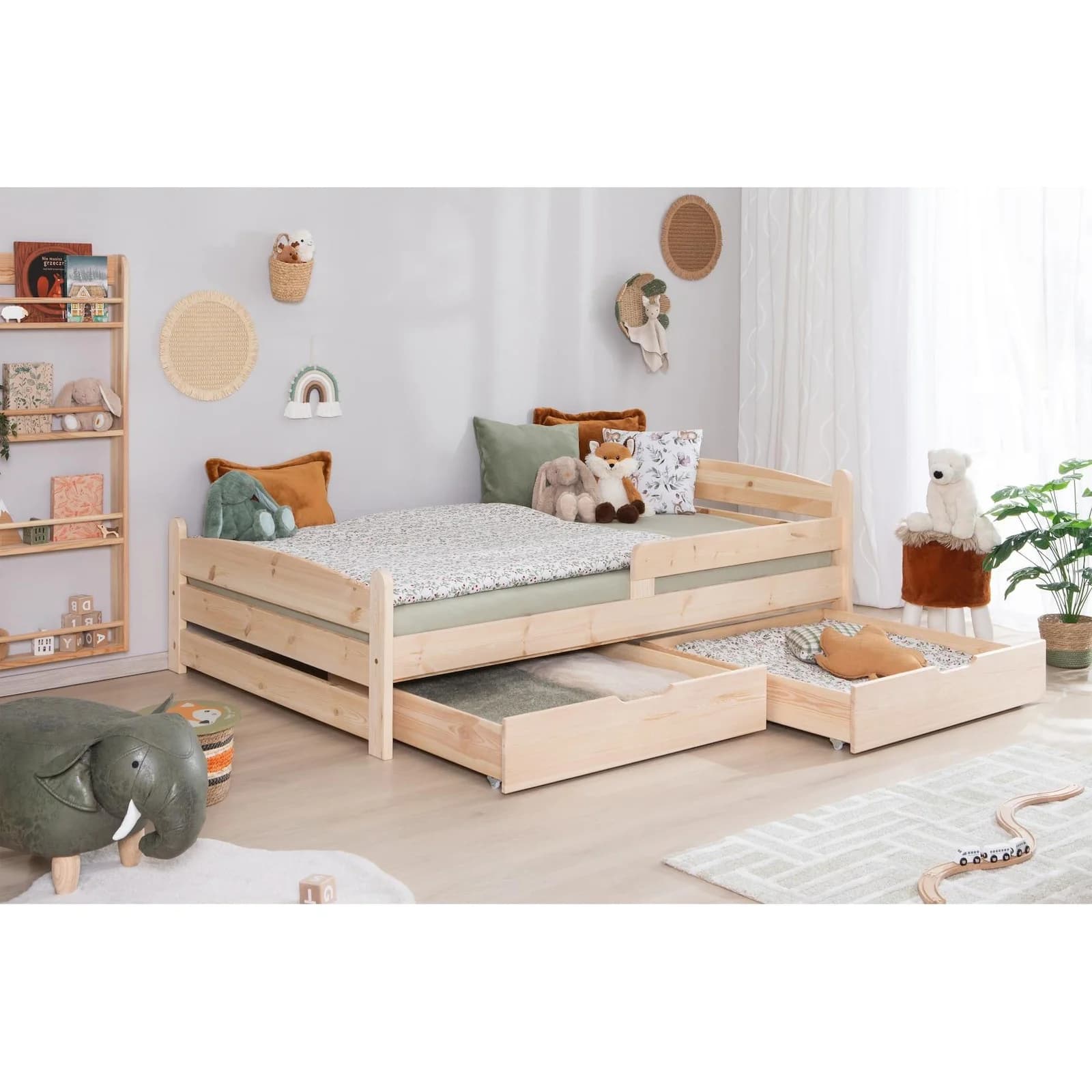 TiCAA Kinderbett Mello Massivholz mit Schubladen und Rausfallschutz