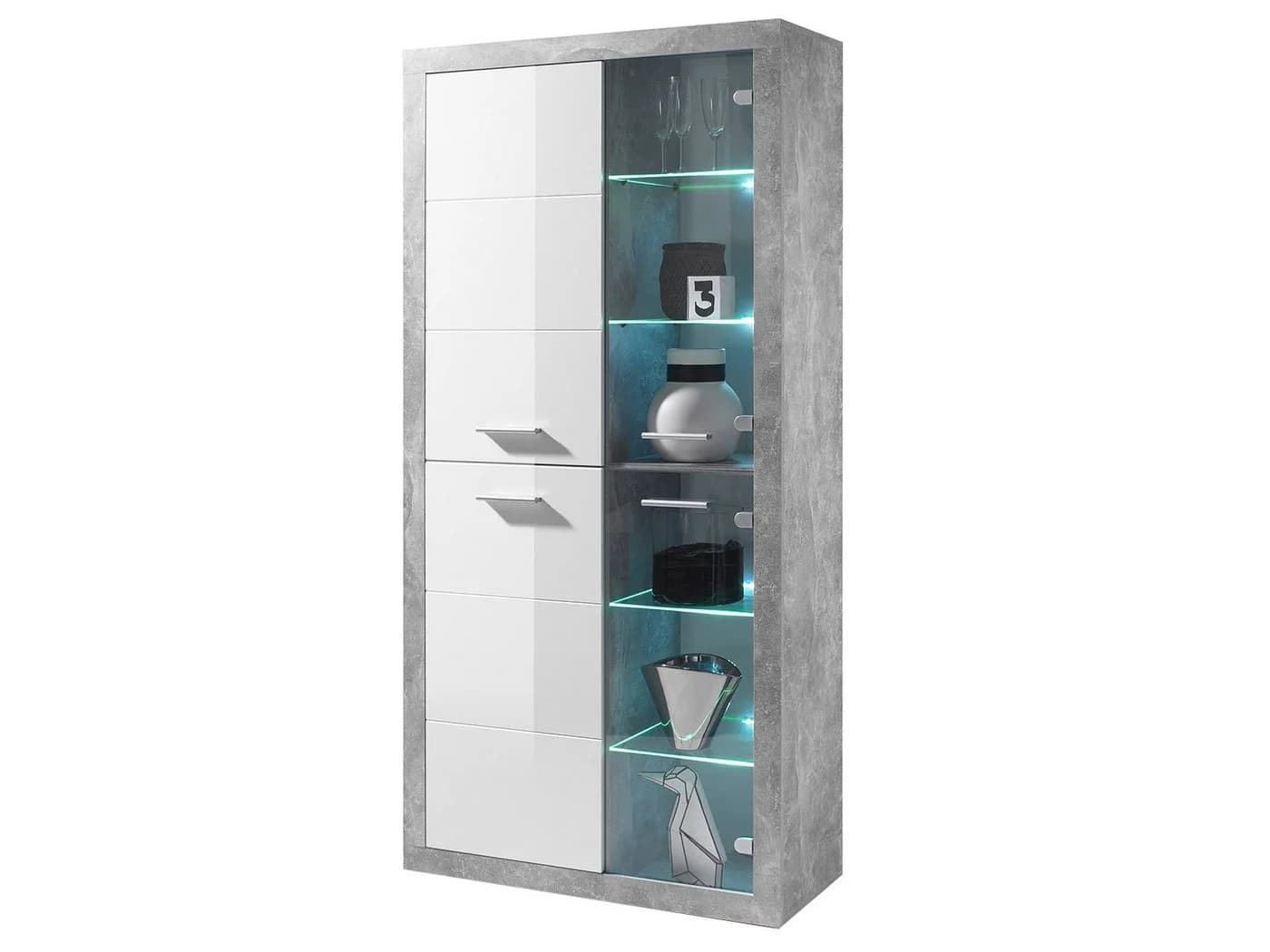 PREISBRECHER Vitrine Rio de Janeiro Betonoptik Weiß-Glanz mit LED